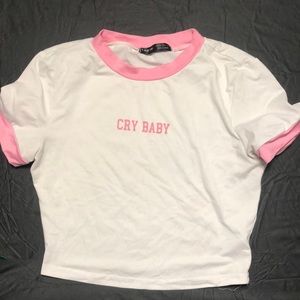 Pink lined white Crybaby crop top